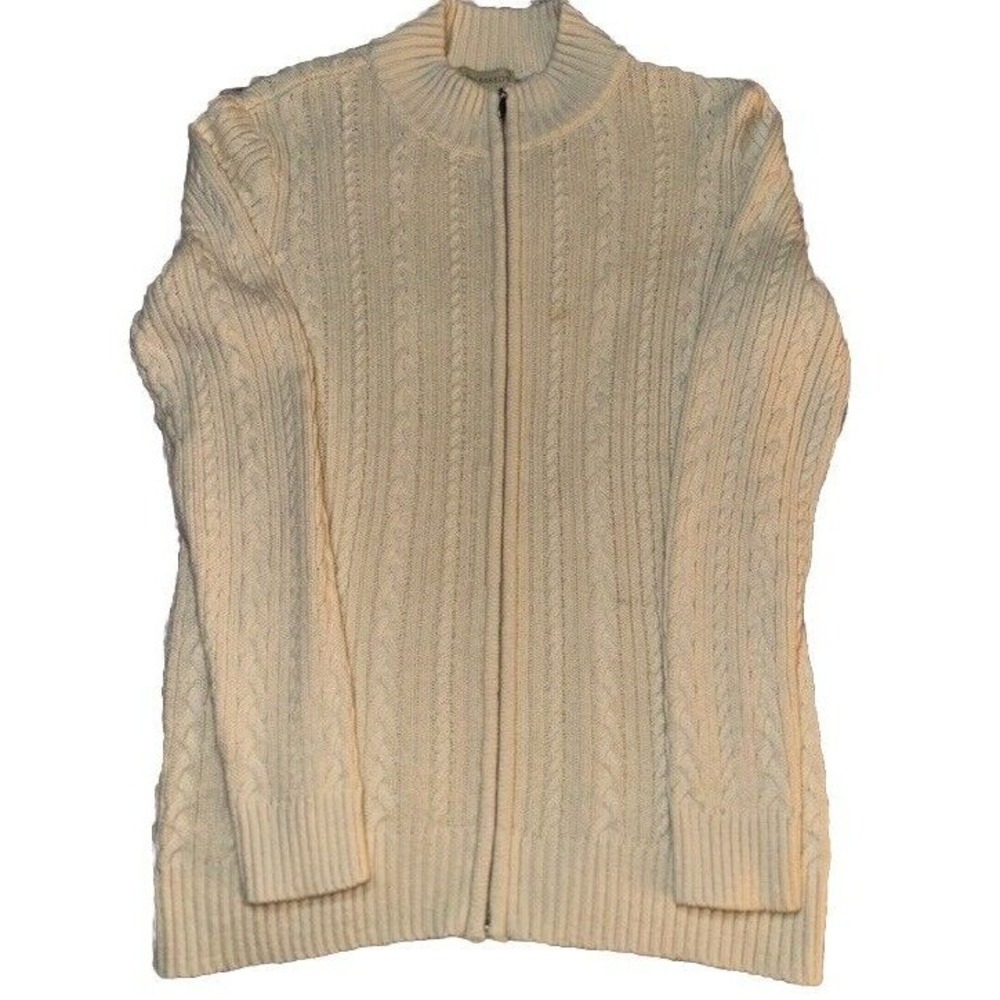 Appleseed's Cable Knit Cardigan Full Zip Mock Neck Sweater‎ Cream Size Medium